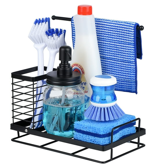 Wetheny Kitchen Sponge Holder-Kitchen Sink Caddy Organizer with Drain Pan 304 Stainless Steel for Sponges, Cleaning Cloth, Scrub Brush, Dish Soap and Hand Sanitizer ( Black )