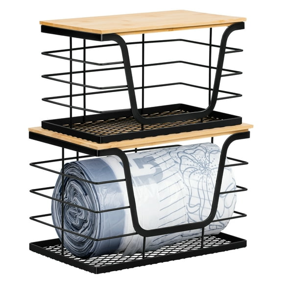 Wetheny 2 Pack Trash Bag Holder, Wall Mounted Garbage Bag Dispenser with Bamboo Top and Mesh Bottom, Stackable Storage for Kitchen Laundry Organization, Black