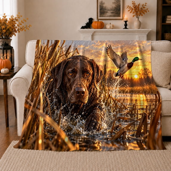 Wetland Waterfowl Hunting Labrador Retriever Duck Scene Dramatic, Dramatic Pet Portrait Pattern, Warm Flannel Blanket for Cabin and Lodge, Dog Lovers person's Day Gift, Pet Lover Home Decor
