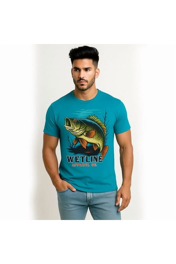 Wetline Apparel Co Bass in the Lake Men's Graphic T-Shirt, Fishing Wear Heavy Cotton Short Sleeves Tee, S-5XL