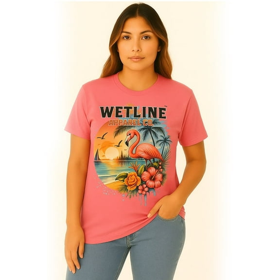 Wetline Apparel Co Bay Flamingo Female's Graphic T-Shirt, Fishing Wear Heavy Cotton Short Sleeves Tee, S-5XL