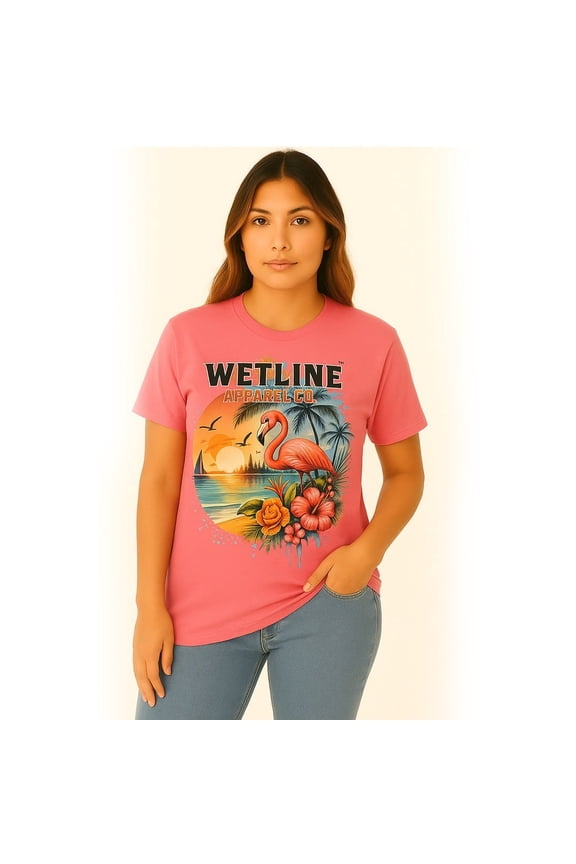 Wetline Apparel Co Bay Flamingo Female's Graphic T-Shirt, Fishing Wear Heavy Cotton Short Sleeves Tee, S-5XL