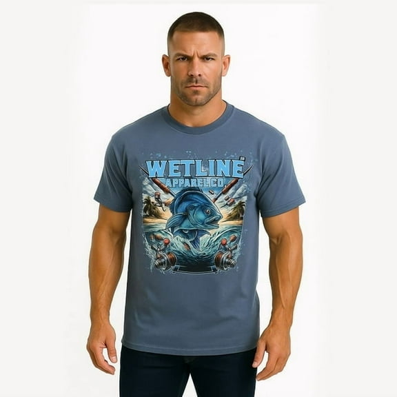 Wetline Apparel Co Blue Bass Men's Graphic T-Shirt, Fishing Wear Heavy Cotton Short Sleeves Tee, S-5XL