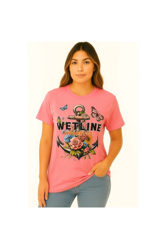 Wetline Apparel Co Flower Anchor Female's Graphic T-Shirt, Fishing Wear Heavy Cotton Short Sleeves Tee, S-5XL