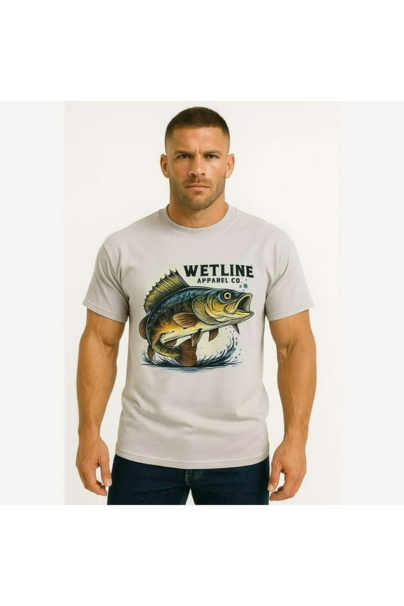 Wetline Apparel Co Green Bass & Grass Men's Graphic T-Shirt, Fishing Wear Heavy Cotton Short Sleeves Tee, S-5XL
