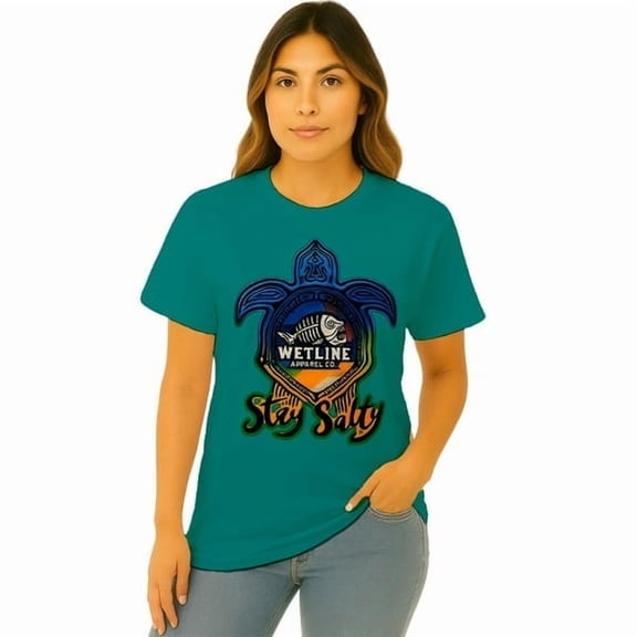 Wetline Apparel Co Stay Salty Turtle Female's Graphic T-Shirt, Fishing Wear Heavy Cotton Short Sleeves Tee, S-5XL