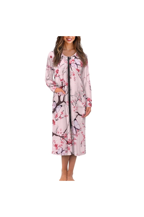 FOR U DESIGNS Butterfly Cherry Blossom Pink Pattern House Dresses for Women Breathable Womens Embroidered Housecoat Lightweight Long Sleeve Duster Robe Sleep Dress with Pockets, 3XL