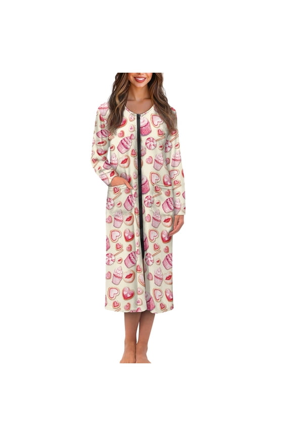 FOR U DESIGNS Cakes Cookies Lollipops Print House Dresses for Women Lightweight House Dresses for Women with Pockets, Womens Embroidered Housecoat Long Sleeve Duster Robe, M