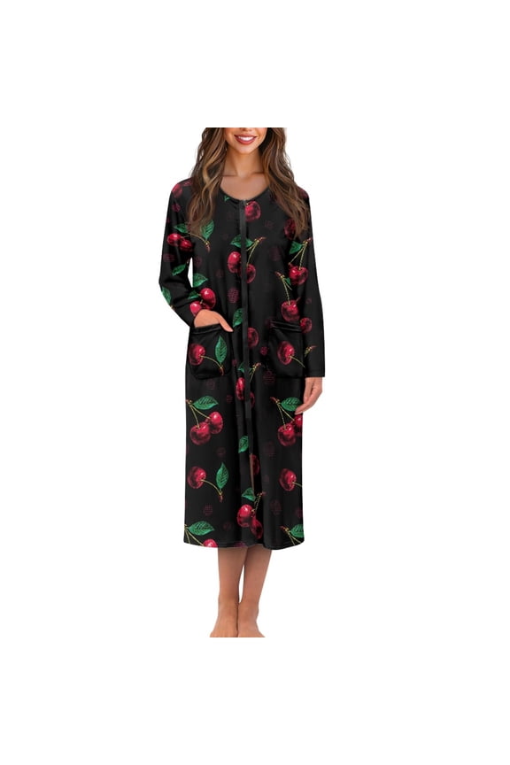 FOR U DESIGNS Cherry Pattern House Dresses for Women Zip Up House Dresses for Older Women, Breathable Long Sleeve Duster Robe Sleep Dress with Pockets, L