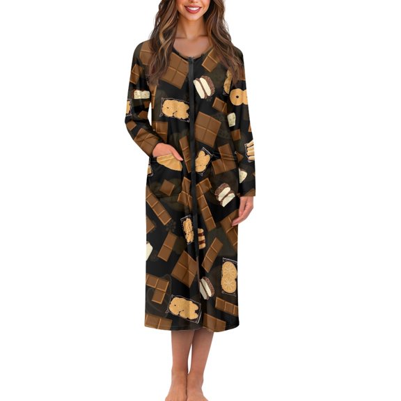 FOR U DESIGNS Chocolate Pattern Womens Nightgown Soft Long Sleeve Duster Robe Zip Up Elastic Fabric Robes for Women Sleep Dress House Dress with Pockets, 3XL