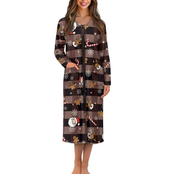FOR U DESIGNS Reindeer Gingerbread Man Snowflake Pattern Womens Nightgown Soft Womens Embroidered Housecoat Lightweight Zipper Dusters Robe Long Sleeve Sleep Dress Christmas Decor with Pockets, M