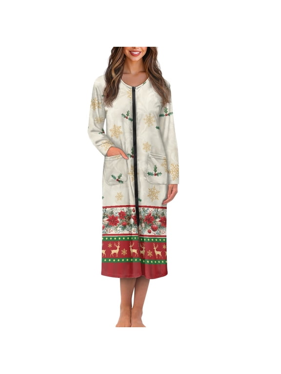FOR U DESIGNS Reindeer Poinsettia Snowflakes Pattern House Dresses for Women Comfortable House Dresses for Older Women Christmas Decor Zipper Dusters Robe House Coat with Pockets, M