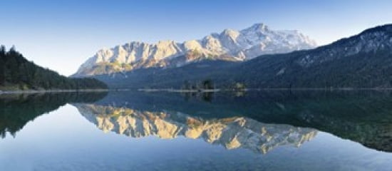 Wetterstein Mountains and Zugspitze Mountain reflecting in Lake Eibsee Bavaria Germany Canvas Art - Panoramic Images (30 x 14)