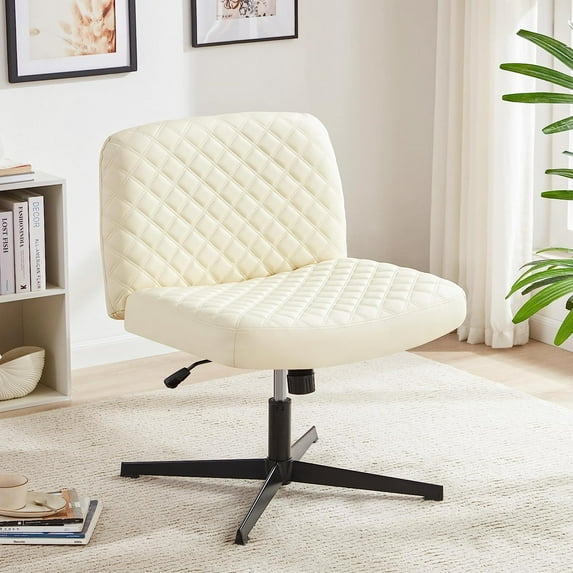Weture Armless Office Desk Chair, Cross Legged Chair No Wheels, Thickened Wide Seat Office Chair, Padded Comfy Modern Desk Chair No Arms, Detachable &Washable Cover (PU Beige)