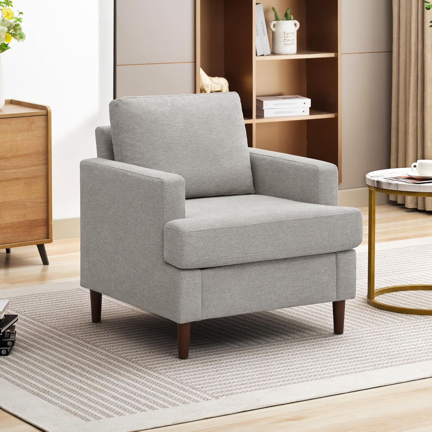 Weture Mid-Century Accent Chair,Modern Linen Fabric Armchair for Living Room,Comfy Upholstered Reading Accent Chairs for Bedroom,Single Sofa Chair with Wood Legs,Light Gray