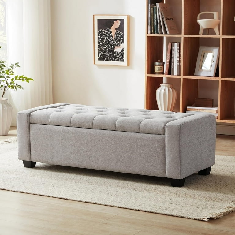 Weture Upholstered Storage Ottoman Bench, Tufted, Large, LightGray