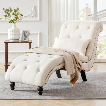 Weture Tufted Soft Chaise Lounge Indoor, Linen Rivets Chaise Lounge Chair for Bedroom Living Room, Armless Upholstered Chaise Couch Chair with Square Cushions and Solid Wood Legs, Beige