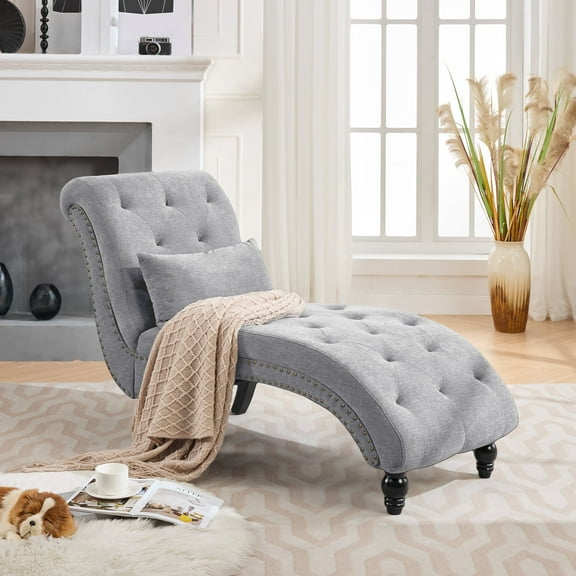 Weture Tufted Soft Chaise Lounge Indoor, Rivets Armless Linen Upholstered Chaise Lounge Chair with Solid Wood Legs and Square Cushions, Light Gray