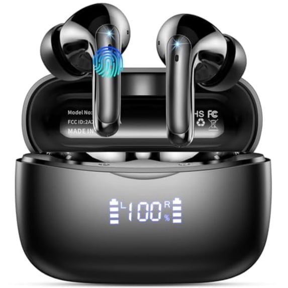 WeurGhy Earbuds Wireless Bluetooth Noise Cancelling for iPhone Android Sports Workout, 56H Playtime Waterproof LED Display in Ear Headphones, Black