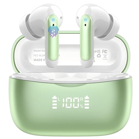 WeurGhy Earbuds Wireless Bluetooth Noise Cancelling for iPhone Android Sports Workout, 56H Playtime Waterproof LED Display in Ear Headphones, Green