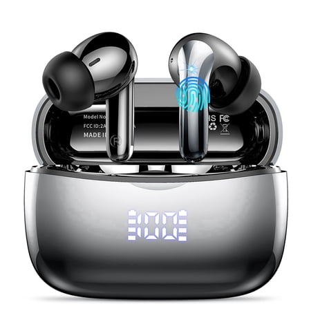 WeurGhy Earbuds Wireless Bluetooth Noise Cancelling for iPhone Android Sports Workout, 56H Playtime Waterproof LED Display in Ear Headphones, Gradient Black