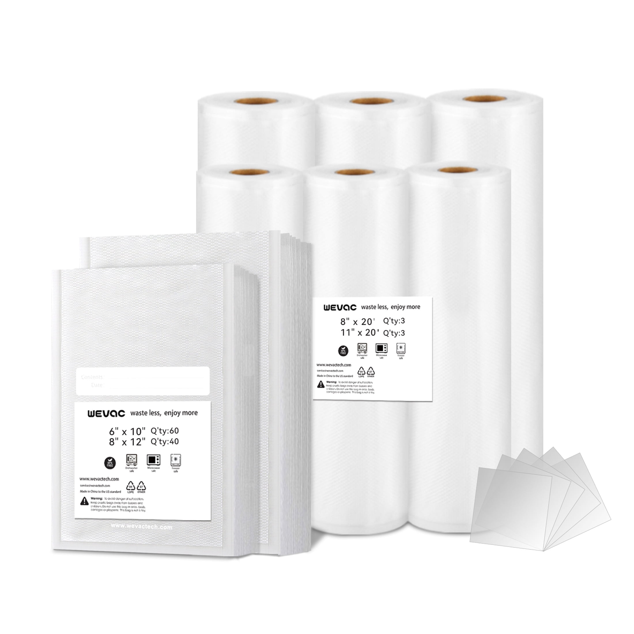 Wevac Lite Family Pack Food Vacuum Bags 6"x10"(60count), 8"x12"(40count), 8"x20'(3rolls),11"x20'(3rolls)