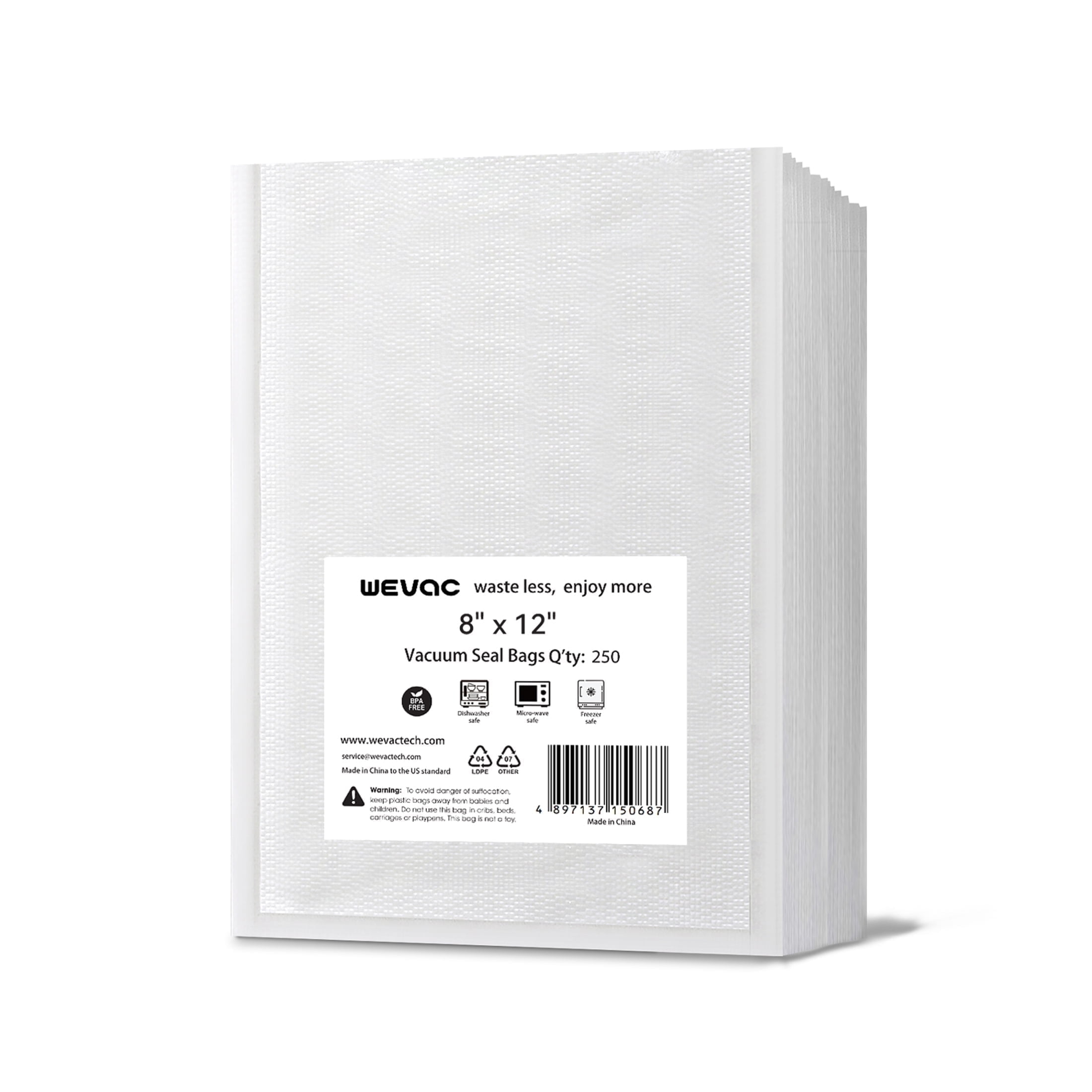 Wevac Lite 8" x 12" 250 Count Freezer Bags, Cleaners Vacuum Seal Bags for Food, Clear