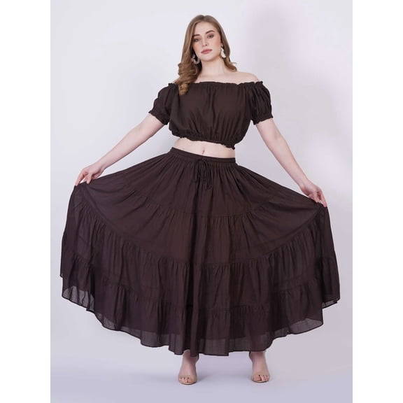Wevez Soft Cotton Renaissance Faire Elastic Swing Summer Peasant Skirt (Coffee)