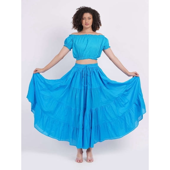 Wevez Soft Cotton Renaissance Faire Elastic Swing Summer Peasant Skirt (Turquoise)