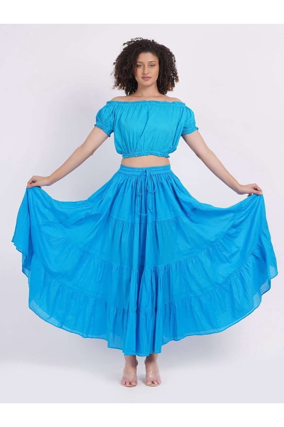 Soft Cotton Renaissance Faire Elastic Swing Summer Peasant Skirt (Turquoise)