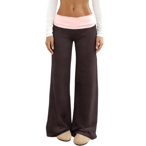 Wevis Ladies Color Block Fold Waist Micro Flare Pants Low Rise Elastic Waist Workout Sweatpants Daily Loungewear