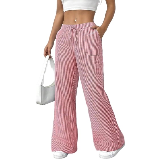 Wevis Women Drawstring Elastic Waist Wide Leg Pants Casual Flare Trousers with Pockets - RED_S