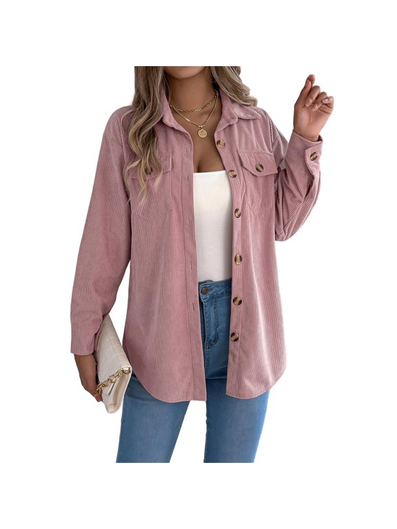 Women's Collared Long Sleeve Button Front Pocket Casual Shacket - PINK_L