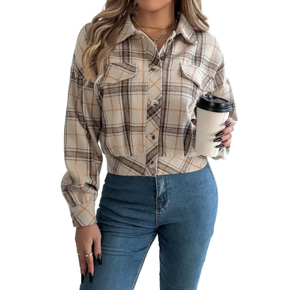 Wevis Women's Collared Plaid Long Sleeve Button Front Cropped Shacket with Pockets - APRICOT_S