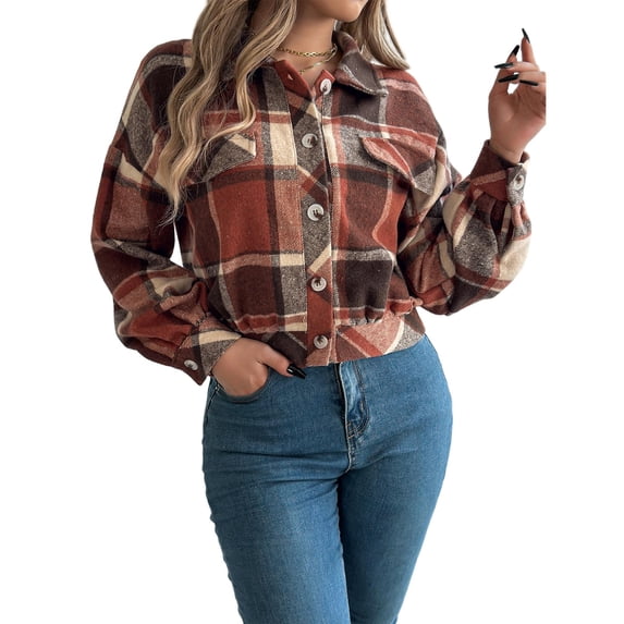 Wevis Women's Collared Plaid Long Sleeve Button Front Cropped Shacket with Pockets - ORANGE_L