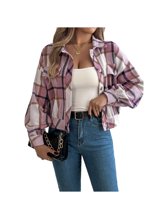 Women's Collared Plaid Long Sleeve Button Front Cropped Shacket with Pockets - PINK_M