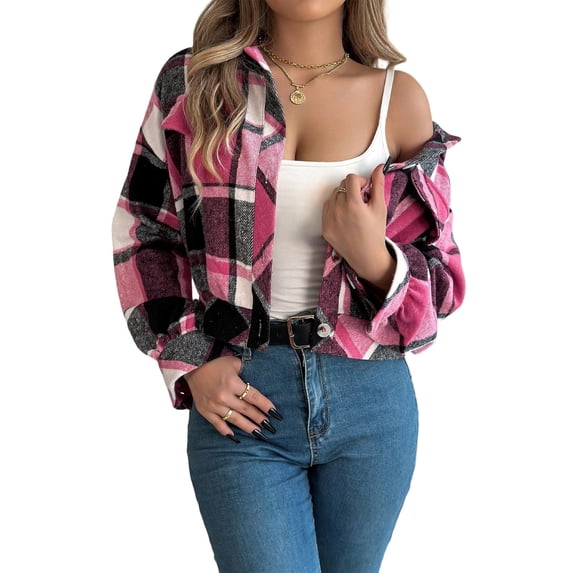 Wevis Women's Collared Plaid Long Sleeve Button Front Cropped Shacket with Pockets - ROSERED_S