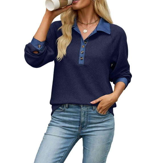 Wevis Women's Denim Collar Knit Sweater, Long Sleeve Henley Button Down Autumn Blouse, Casual Loose Fall Pullover Tops