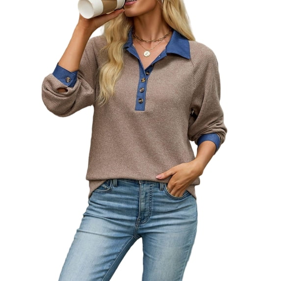 Wevis Women's Denim Collar Knit Sweater, Long Sleeve Henley Button Down Autumn Blouse, Casual Loose Fall Pullover Tops
