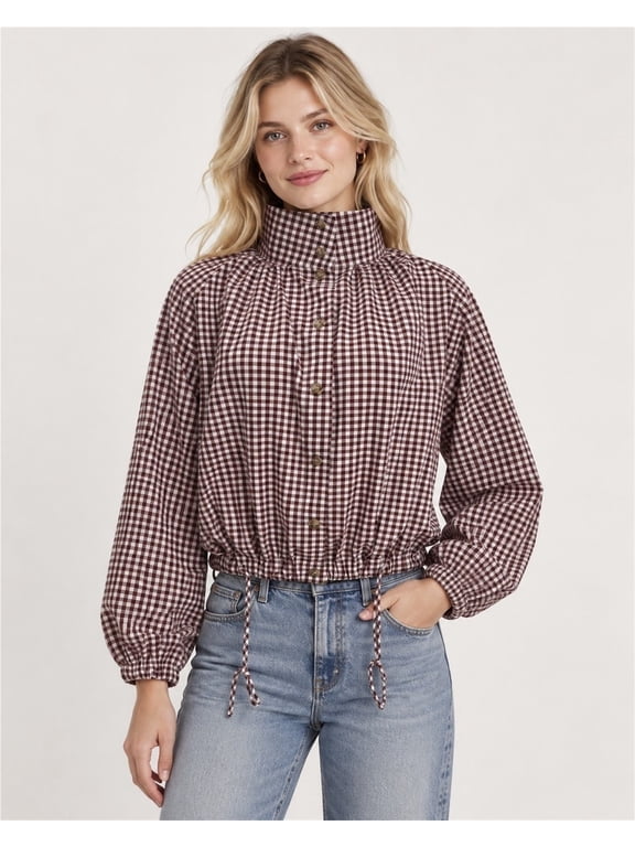 Women's Gingham Bomber Jacket Stand Collar Button Front Checkered Cropped Coat with Adjustable Drawstring Hem - RED_XS