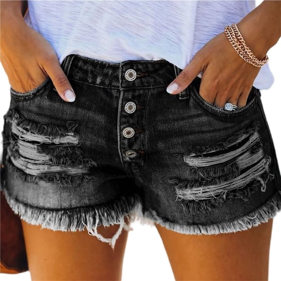 Wevis Women's High Waist Ripped Denim Shorts, Button Fly Frayed Hem Stretchy Jean Shorts for Summer - BLACK_S