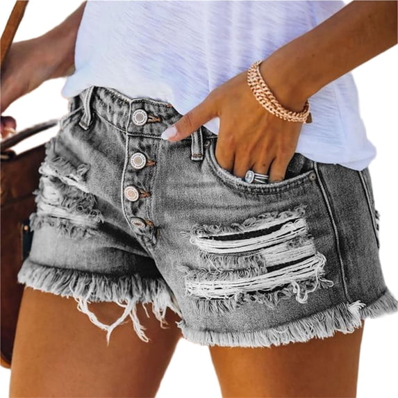 Wevis Women's High Waist Ripped Denim Shorts, Button Fly Frayed Hem Stretchy Jean Shorts for Summer - GRAY_M