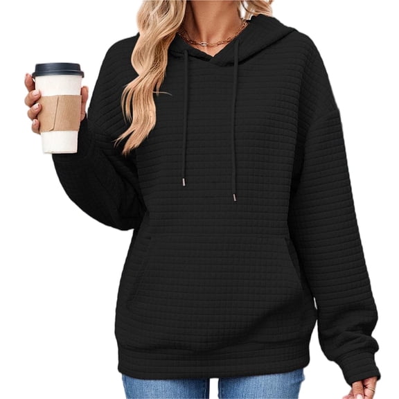 Wevis Women's Hooded Waffle Knit Sweatshirt, Long Sleeve Loose Pullover With Front Kangaroo Pocket