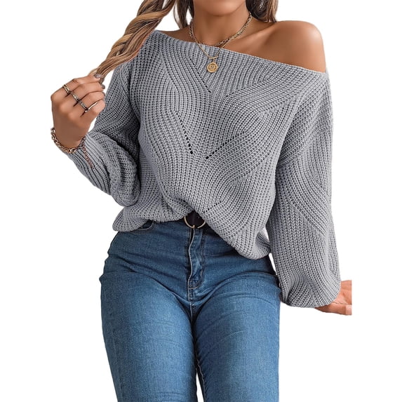 Wevis Women's Off Shoulder Long Sleeve Hollow Out Knit Pullover Sweater - GRAY_L