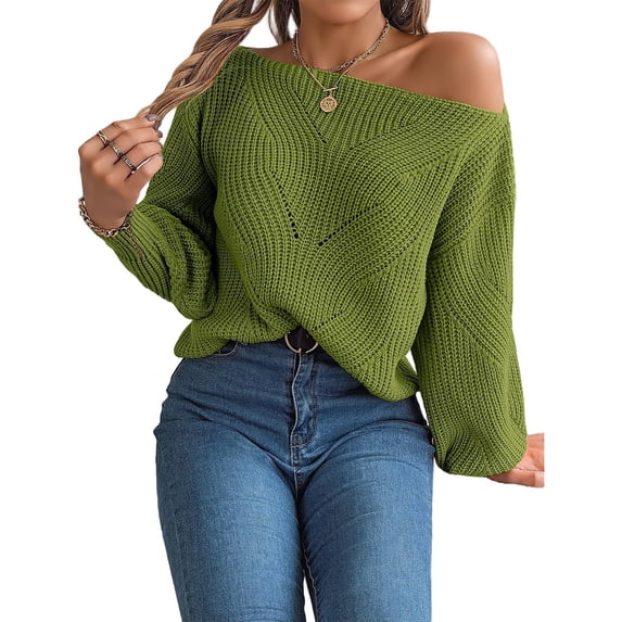 Wevis Women's Off Shoulder Long Sleeve Hollow Out Knit Pullover Sweater - GREEN_L
