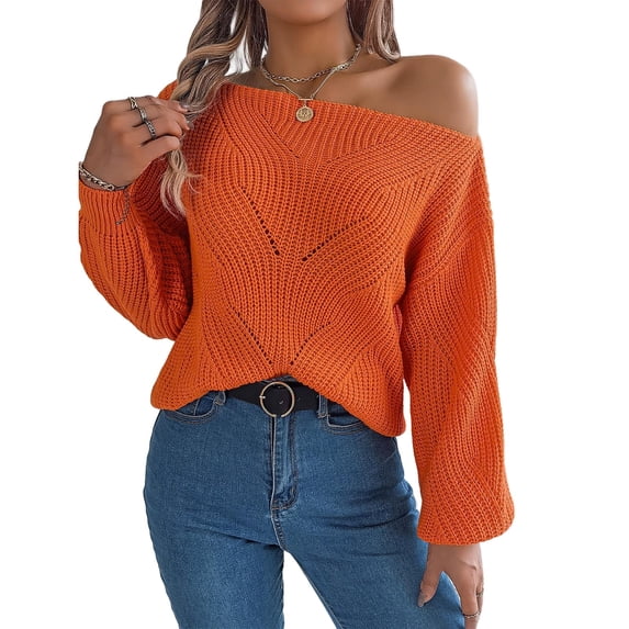 Wevis Women's Off Shoulder Long Sleeve Hollow Out Knit Pullover Sweater - ORANGE_L
