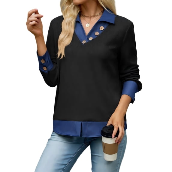 Wevis Women's Patch Denim Collar Knit Sweater Button Down Long Sleeve Autumn Blouse Casual Layered Look Fall Pullover Tops