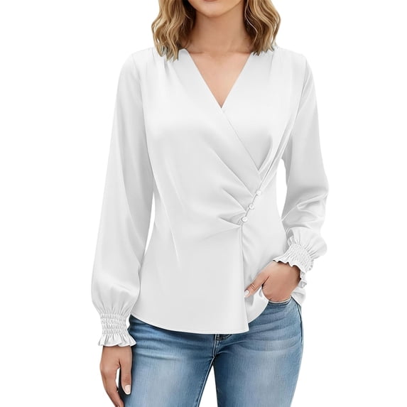 Wevis Women's V Neck Wrap Long Sleeve Blouse Ruched Front Button Decor Casual Shirt