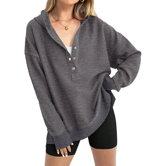 Wevis Women's Vertical Ribbed Henley Hooded Sweatshirt, Long Sleeve Oversized Loose Casual Pullover Top