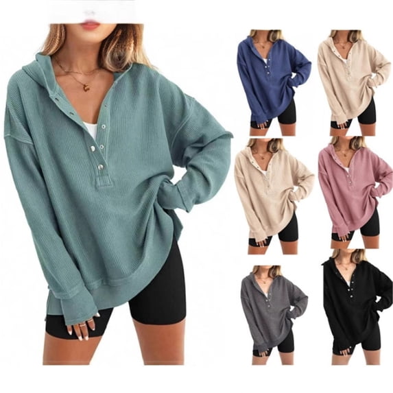 Wevis Women's Vertical Ribbed Henley Hooded Sweatshirt, Long Sleeve Oversized Loose Casual Pullover Top